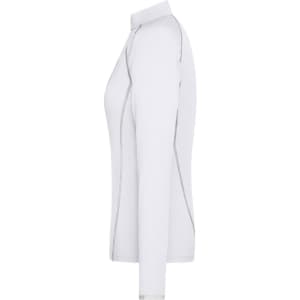A ladies long-sleeve sports shirt in white, featuring a fitted design and seams along the sides.