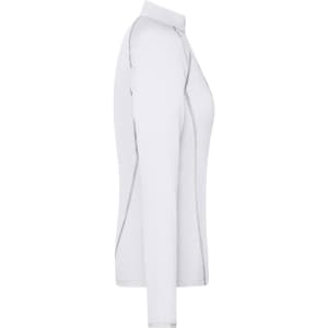 A white long-sleeve sports shirt with a collar, featuring contrasting seams and a logo.
