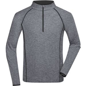 A grey long-sleeve sports shirt with a zip neck and black accents. It features a logo on the front.