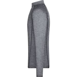 A grey long-sleeved sports shirt with a sleek design and contrasting side seams. It features a logo.