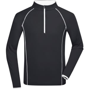 A black long-sleeve sports shirt with white detailing and a zip-up collar. It features a logo on the chest.