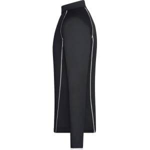 A black long-sleeve sports shirt featuring white piping details and a collar. Includes a logo on the fabric.