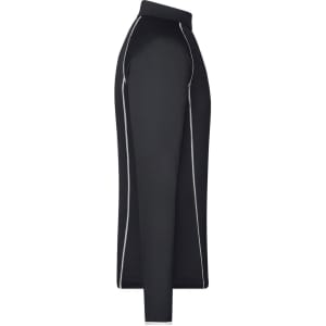 A black long-sleeve sports shirt with white piping details and a logo on the chest.