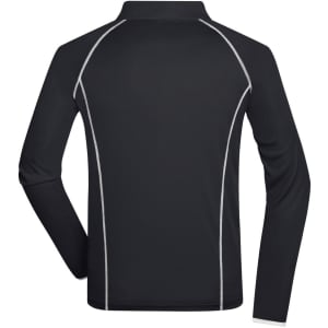 A black long-sleeve sports shirt featuring white accents and a logo on the back.