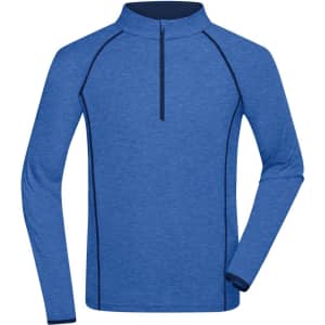 A blue long-sleeve sports shirt with a zip collar and contrasting navy side panels, featuring a logo.