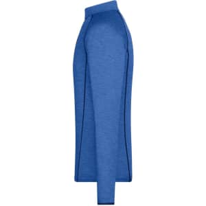 A blue long-sleeve sports shirt featuring contrast side detailing and a collar. It includes a logo on the design.