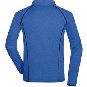 A blue long-sleeved men's sports shirt with contrasting stitching, featuring a high collar and a logo.