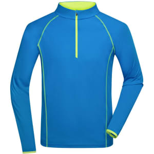 A blue men's sports shirt with a half-zip and neon green accents, featuring a logo on the chest.