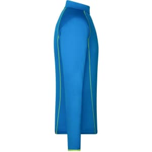A blue men's sports shirt with long sleeves and contrasting green trim along the seams. It has a logo on the front.