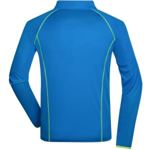 A blue long-sleeved sports shirt with green detailing and a logo on the back.