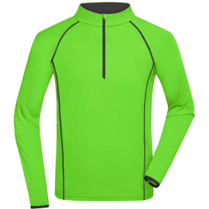 A bright green long-sleeve sports shirt with a quarter zip and black trim. Features a logo on the chest.