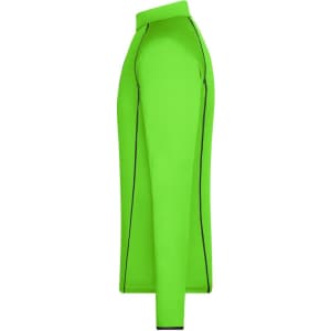 A bright green long-sleeve sports shirt with contrasting seams and a sleek, fitted design. It features a logo.