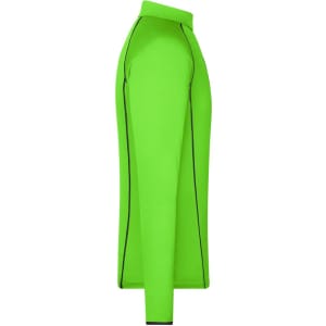 A bright green long-sleeve sports shirt with contrasting black piping along the seams.