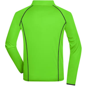 A long-sleeved men's sports shirt in bright green with black piping details on the seams and a collar.