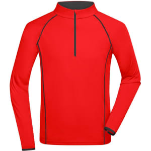 A red long-sleeve sports shirt featuring a half zip and contrasting black piping. It has a logo on the chest.