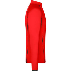 A red long-sleeve sports shirt with contrasting seams and a collar, featuring a logo on one side.