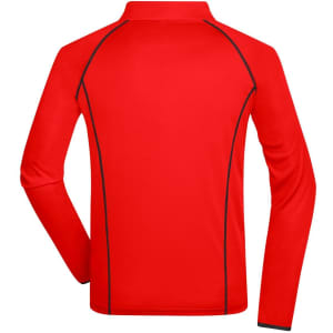 A red long-sleeved sports shirt featuring black stitching and a collar, with a logo on the back.