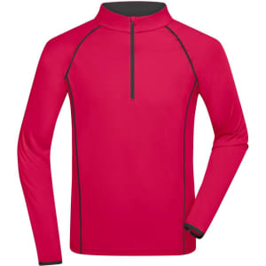 A men's long-sleeve sports shirt in bright pink with black accents and a half-zip neckline, featuring a logo.
