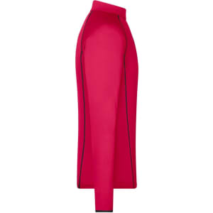 A red men's sports shirt featuring a sleek design and contrasting black piping along the seams.
