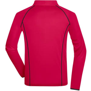 A red men's sports shirt with long sleeves and black detailing at the seams, featuring a logo.