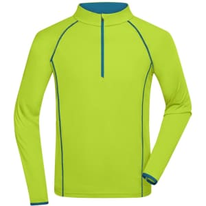 A long-sleeve men's sports shirt in bright yellow with blue accents and a zip collar. Features a logo.