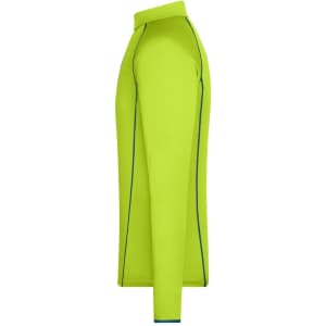 A long-sleeve men's sports shirt in bright lime green with contrasting blue stitching. Features a logo on the front.