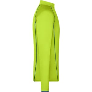 A bright lime green long-sleeve men's sports shirt with contrasting blue accents and a collar.