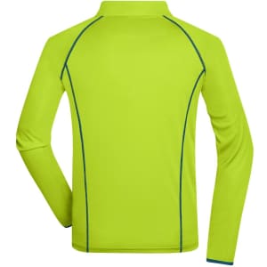 A bright green long-sleeve sports shirt with contrasting seams and a collar, featuring a logo on the back.