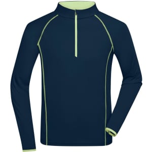 A navy long-sleeve sports shirt with a half zip and lime green trim, featuring a logo on the chest.