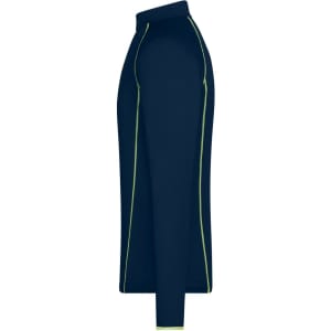 A navy long-sleeve sports shirt with contrasting light green seams and a logo.