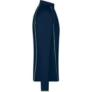 A navy long-sleeved sports shirt with contrasting light seams and a logo. Perfect for active wear.