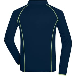 A long-sleeve men's sports shirt in navy blue with light green stitching and a logo on the back.