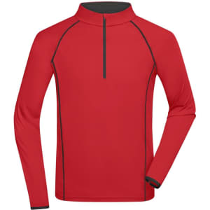 A red long-sleeve sports shirt with a half zip and black accents, featuring a subtle logo.