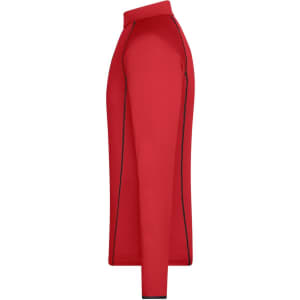 A red long-sleeve sports shirt with black detailing, featuring a logo on the front.