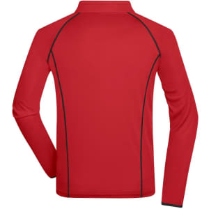 A red long-sleeved sports shirt with black trim, featuring a collar and a logo on the back.