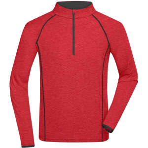 A red mens sports shirt with a stand-up collar and half-zip design, featuring contrasting black seams.