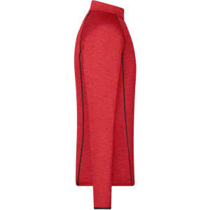 A red long-sleeved men's sports shirt with contrasting black seams and a collar, featuring a logo.