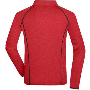 A red long-sleeve sports shirt with black piping and a high collar, featuring a logo on the back.
