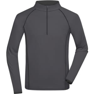 A grey long-sleeve sports shirt with a half-zip collar and contrasting black stitching. Features a logo on the chest.