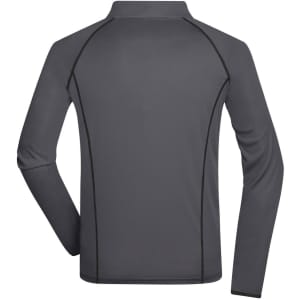 A men's long-sleeve sports shirt in dark grey with contrasting stitching and a back view. It features a logo.