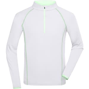 A long-sleeved white sports shirt with green accents and a half-zip collar. It features a logo on the front.