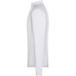 A long-sleeve men's sports shirt in white with green accents and a logo on the chest.