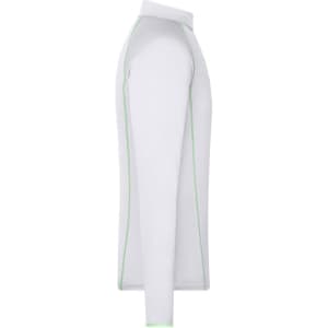 A long-sleeve men's sports shirt in white with green piping and a collar, featuring a small logo.