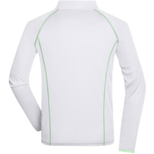 A long-sleeve men's sports shirt in white with green piping detail, featuring a logo on the back.