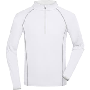 A white long-sleeve sports shirt with a zip collar and contrasting grey stitching, featuring a logo.