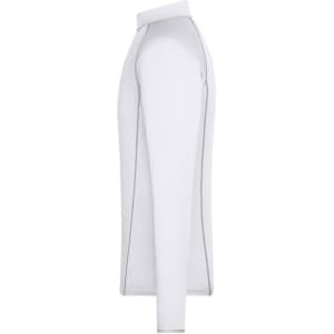 A white long-sleeved men's sports shirt with contrasting detailing and a logo.