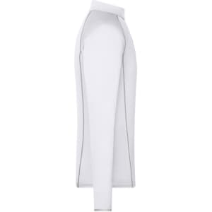 A long-sleeved men’s sports shirt in white, featuring a trim along the seams and a collar.