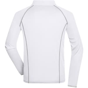 A white long-sleeve men's sports shirt featuring contrasting grey stitching and a logo on the back.