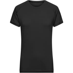 A black ladies sports t-shirt with short sleeves and a round neckline. It features a logo on the front.