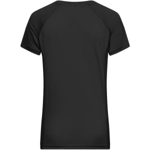 A black Ladies Sports-T featuring a classic T-shirt design and a logo on the back.